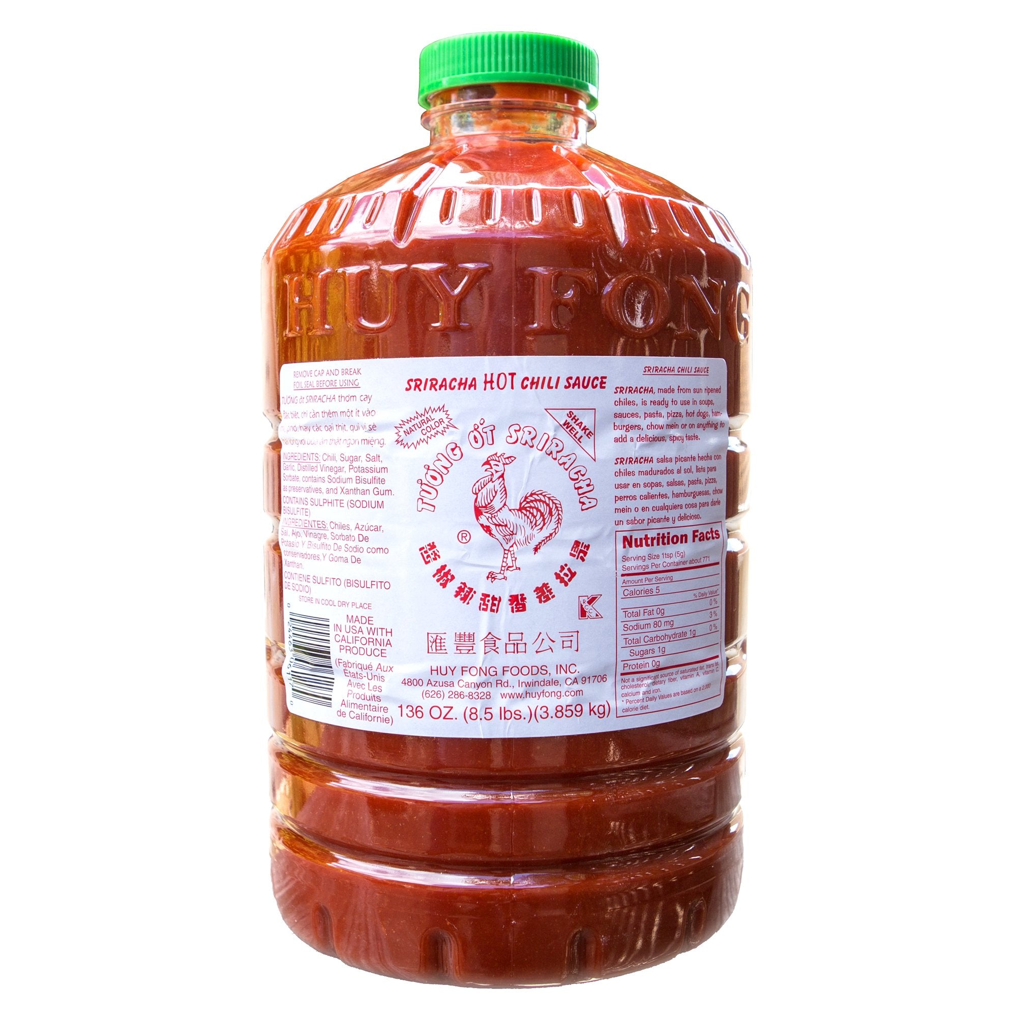 Huy Fong Sriracha 8.5 lb bottle front label showcasing bold chili flavor for everyday cooking