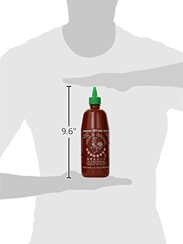 Huy Fong Sriracha bottle heightens burger and noodle flavor.