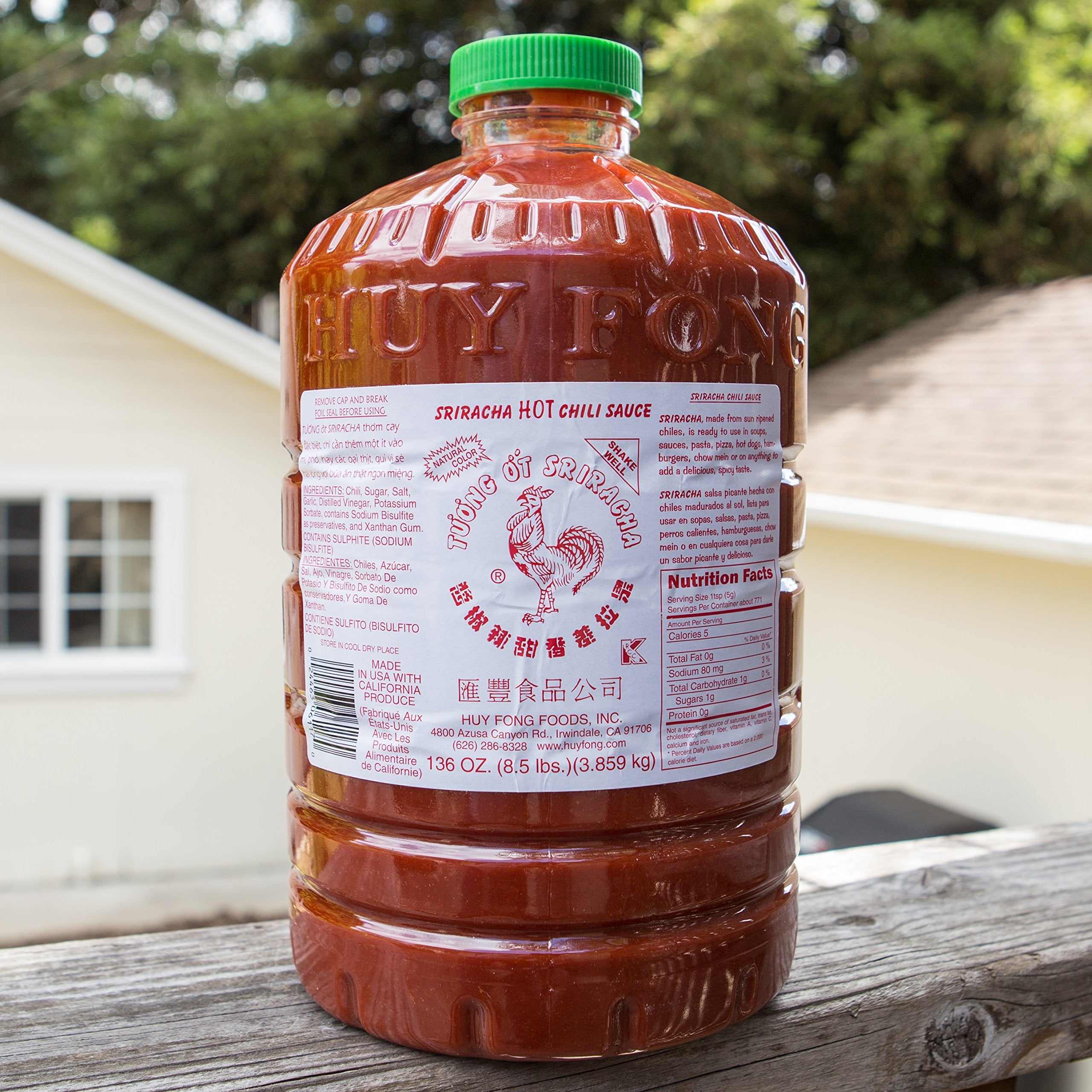 Huy Fong Sriracha bottle label closeup emphasizing clean ingredients