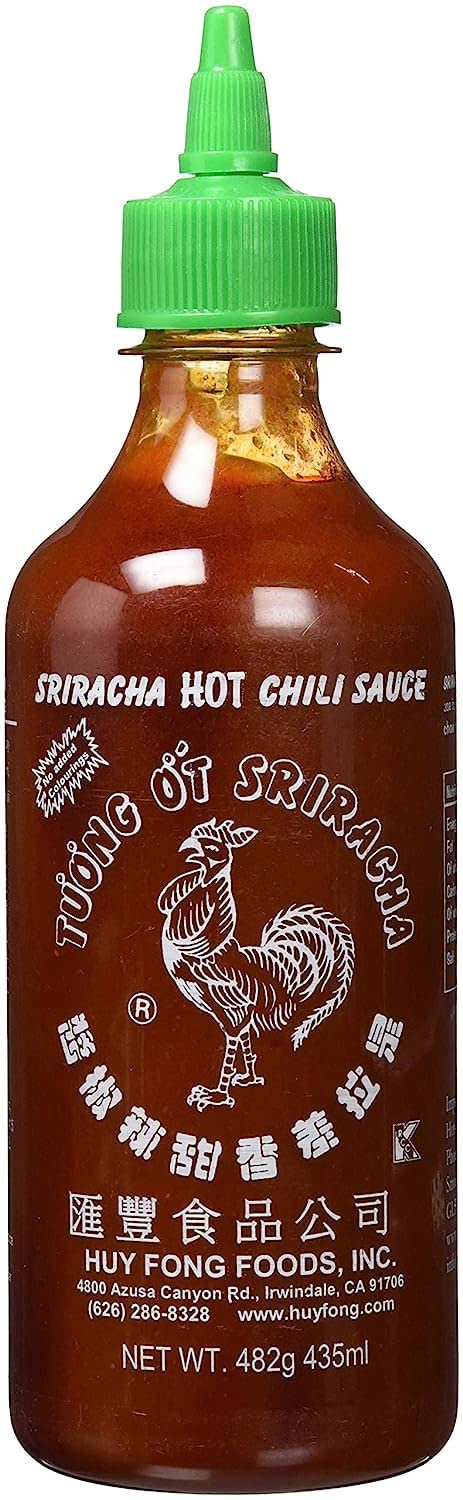 Huy Fong Sriracha bottle-pour adds bold heat to meals.