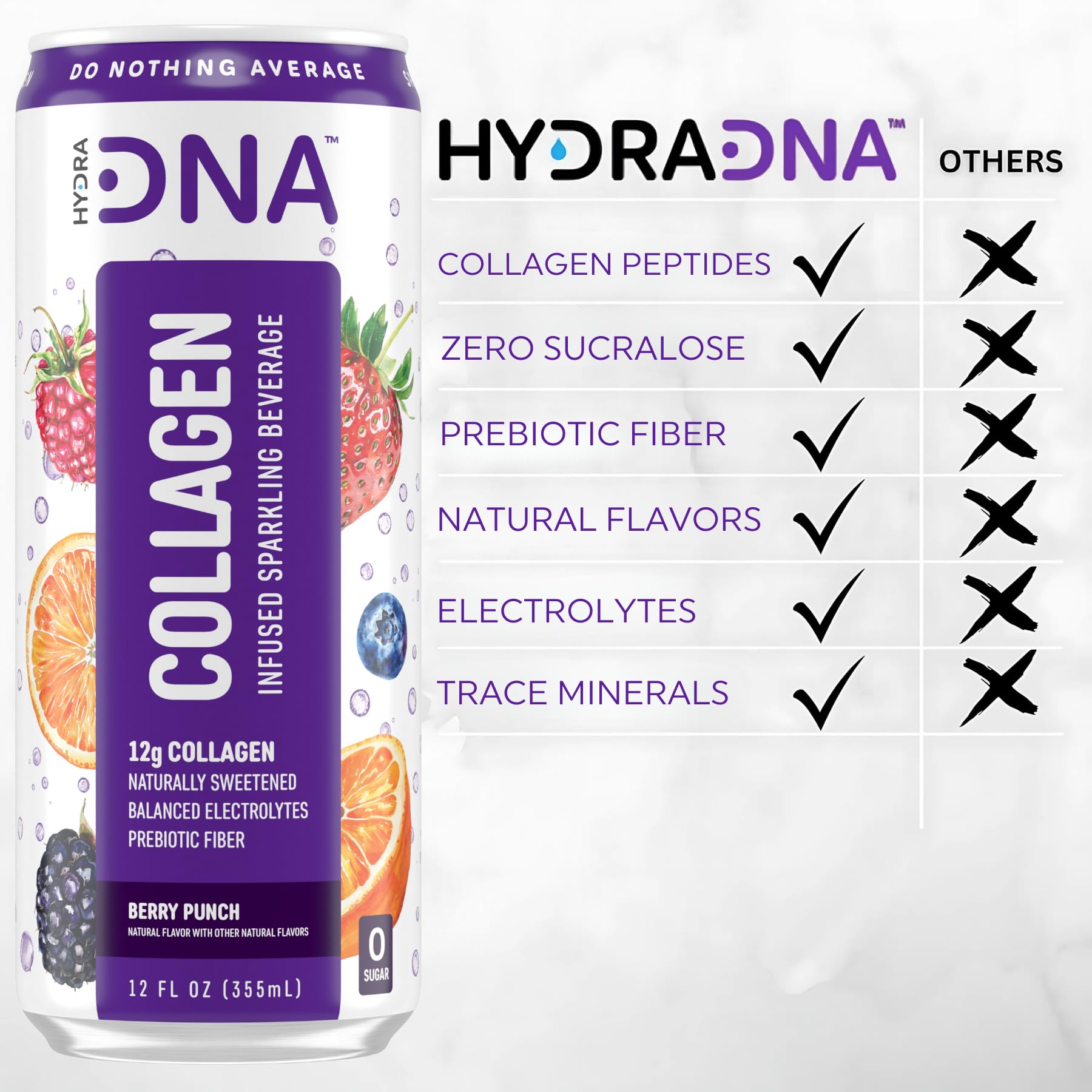 HYDRADNA Sparkling Berry Punch label close-up emphasizes clean ingredients and no artificial colors