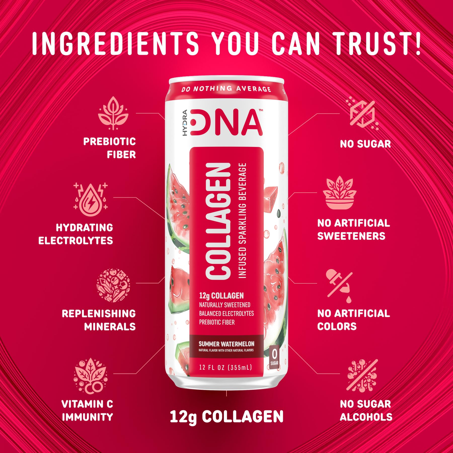 HYDRADNA sparkling watermelon 12-pack display, convenient hydration with collagen.