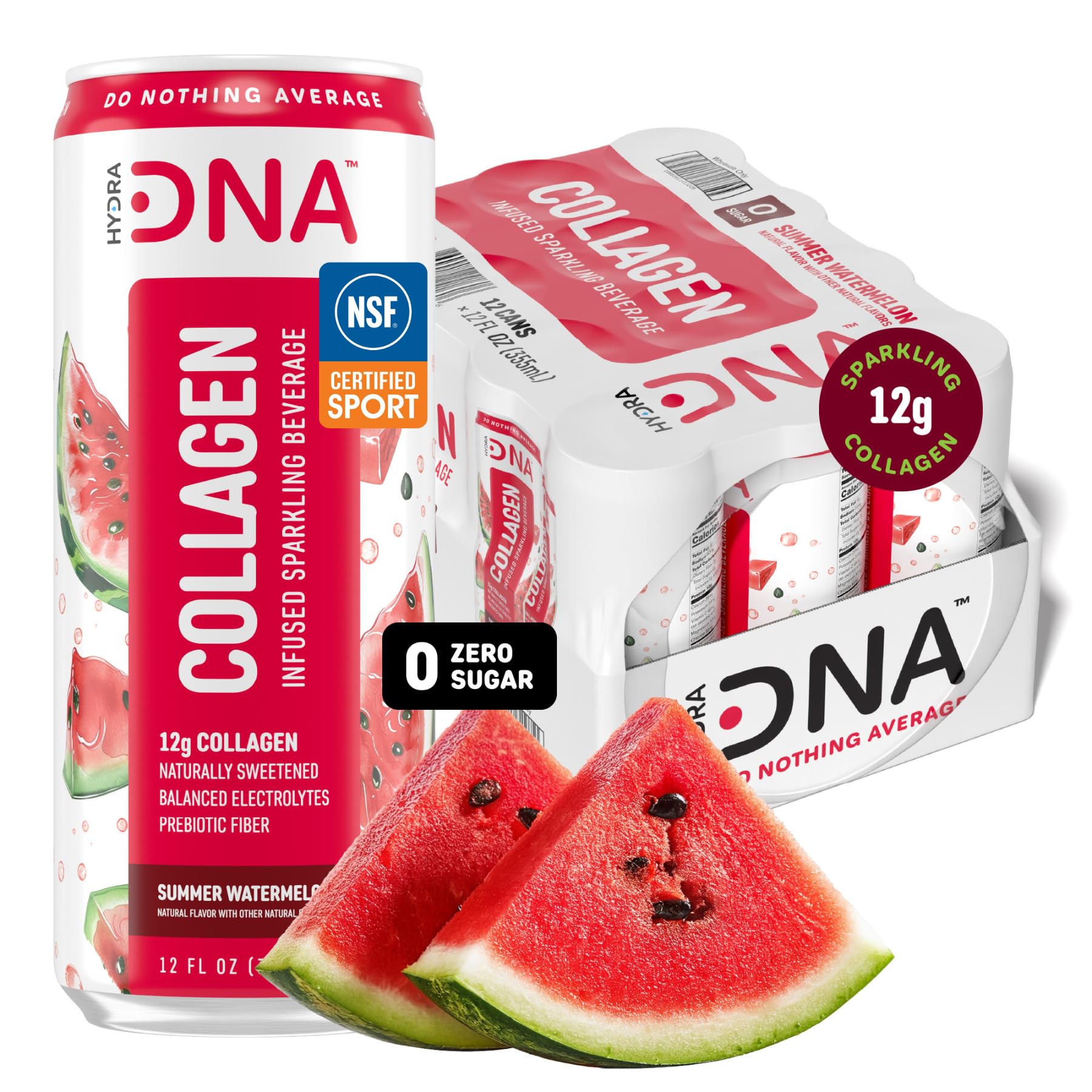 HYDRADNA sparkling watermelon can front, refreshing hydration with collagen.