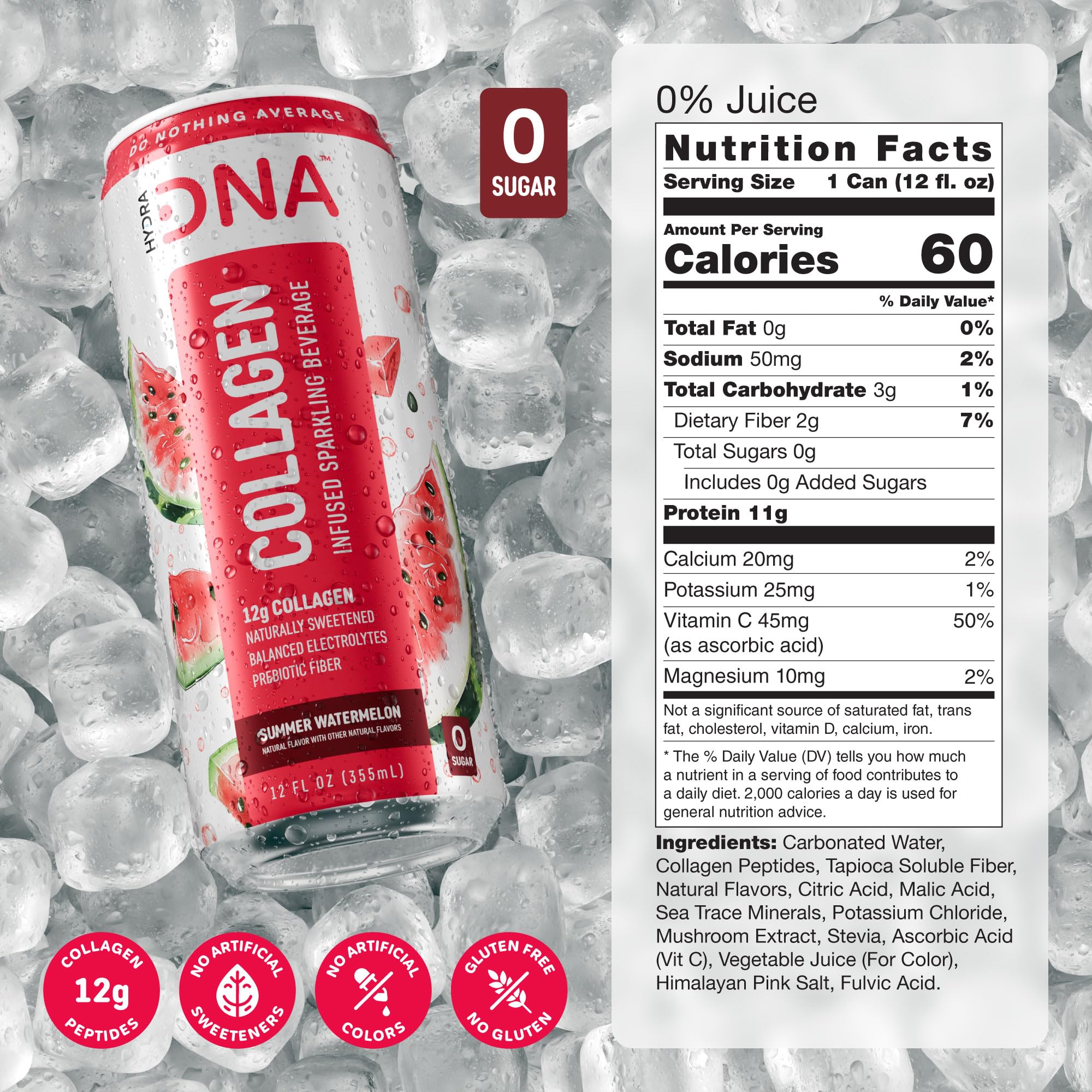 HYDRADNA sparkling watermelon can side, sugar-free collagen beverage for keto-friendly hydration.