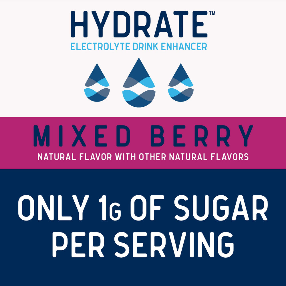 Hydrate Drops in a glass of water with mixed berry flavor.