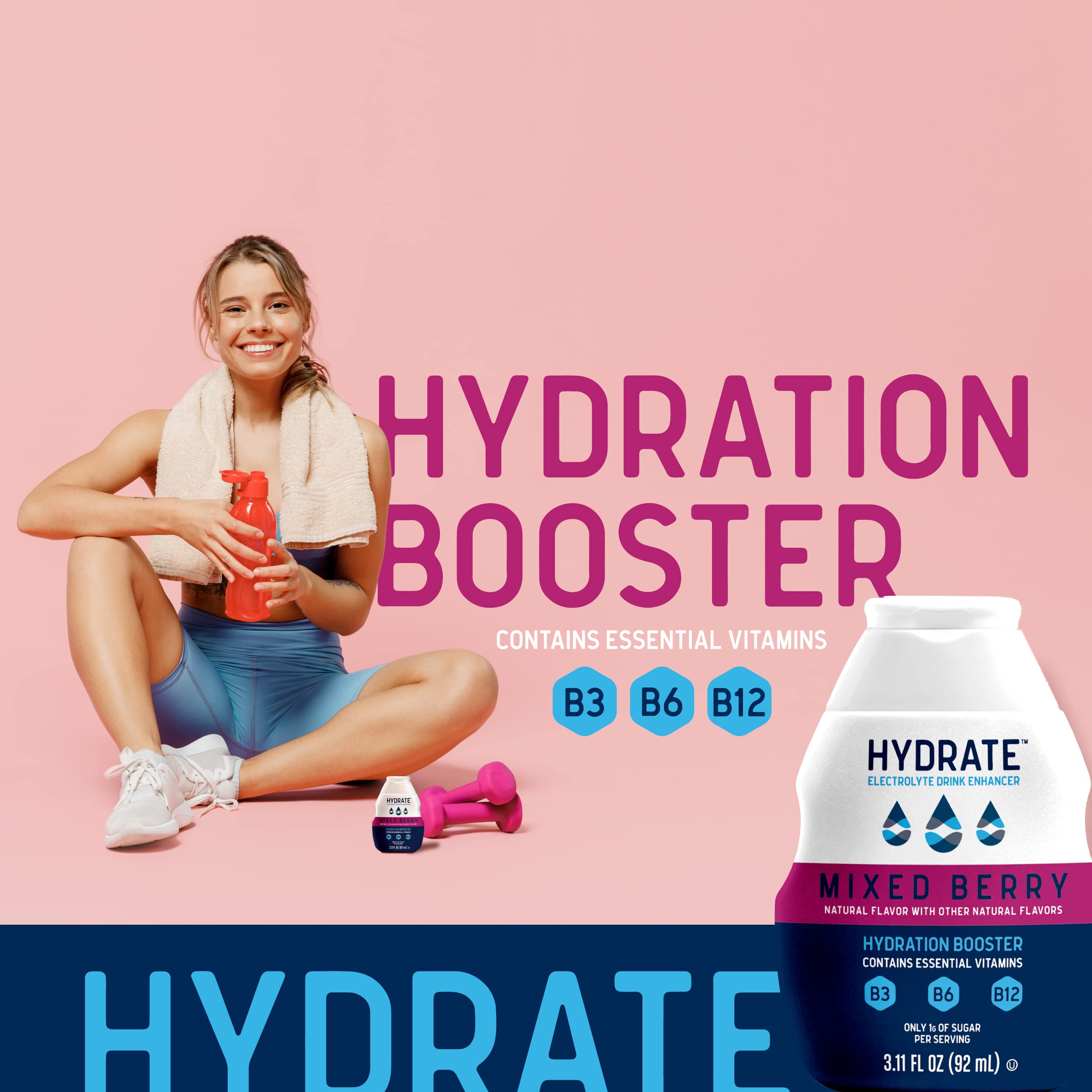 Close-up of Hydrate label highlighting natural flavors and vitamin blend.