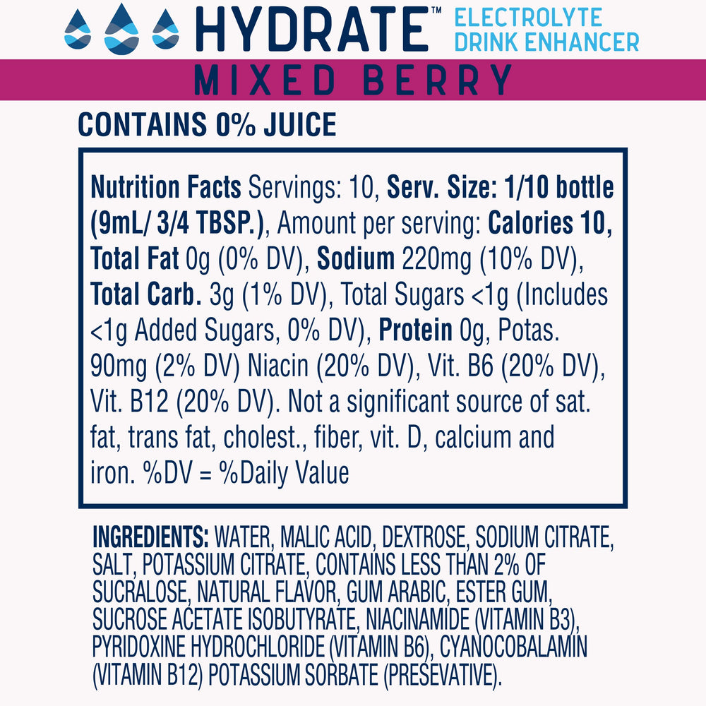 Pour action shows Hydrate Drops mixing into water for quick flavor boost.