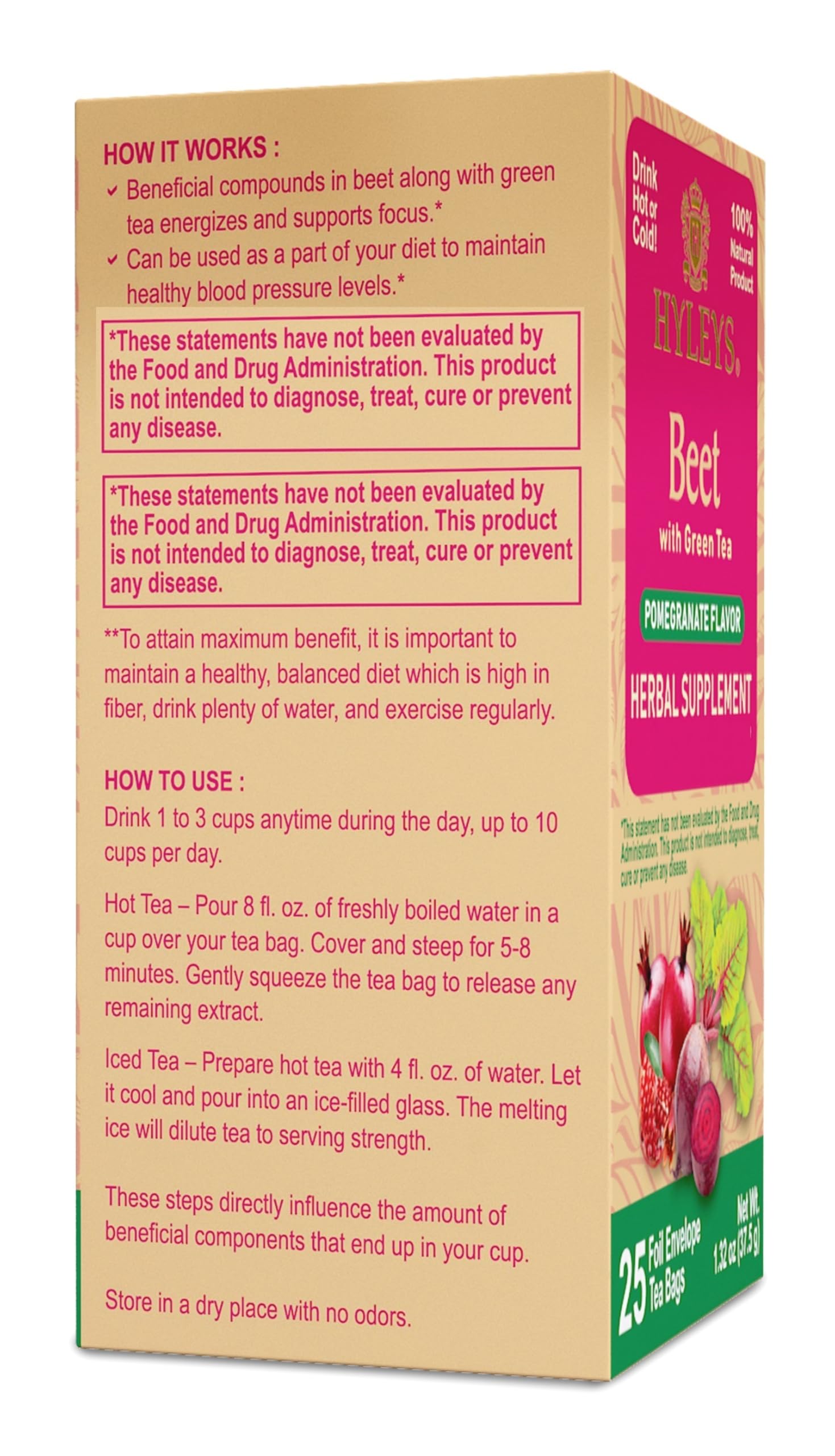 Hyleys Beet & Green Tea iced glass reveals refreshing flavor for warm days.