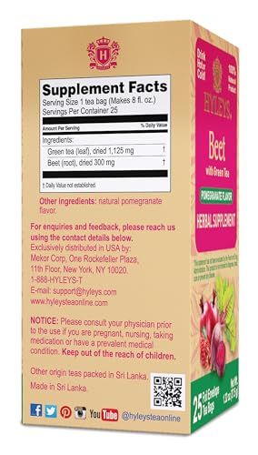 Hyleys Beet & Green Tea tea bags ready to brew for a quick energy boost.