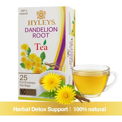 Hyleys Dandelion Root Green Tea cup steaming, a refreshing daily ritual.