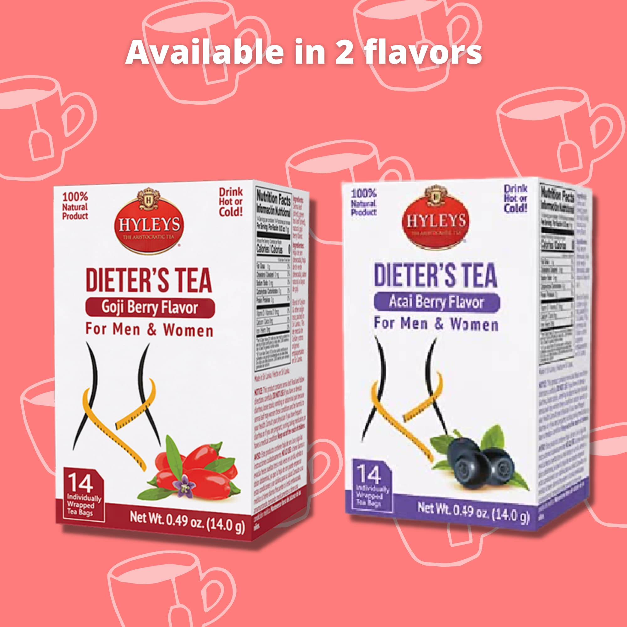 Packaging shot of Hyleys Dieter's Tea with natural ingredients emphasis.