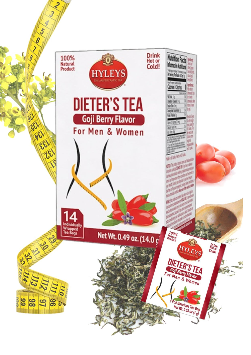 Hyleys Dieter's Tea with Goji Berry Flavor packaging shows 14 tea bags for daily use.