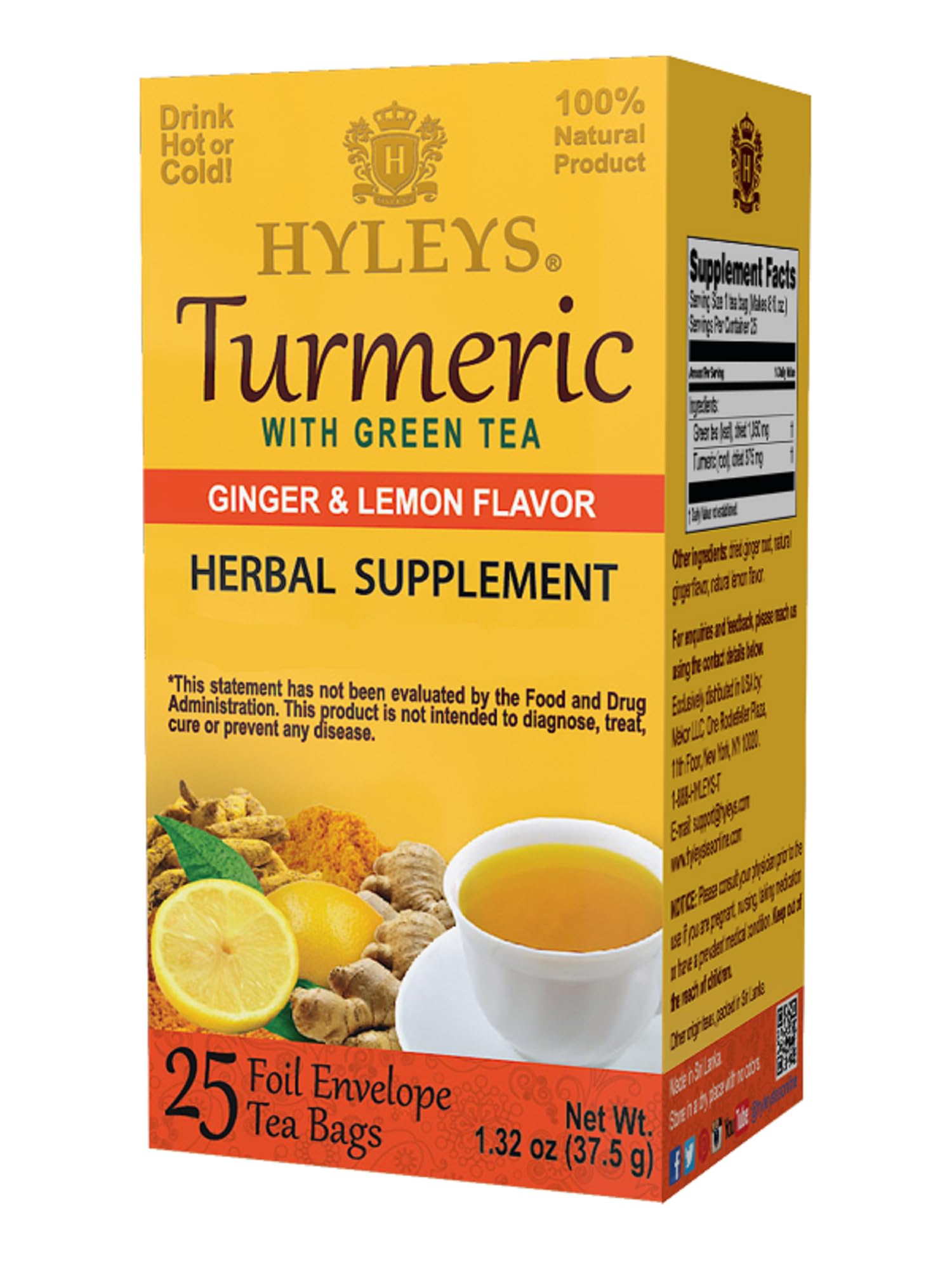 Hyleys Ginger Turmeric Tea Lemon Flavor box with 25 bags for easy daily brewing.
