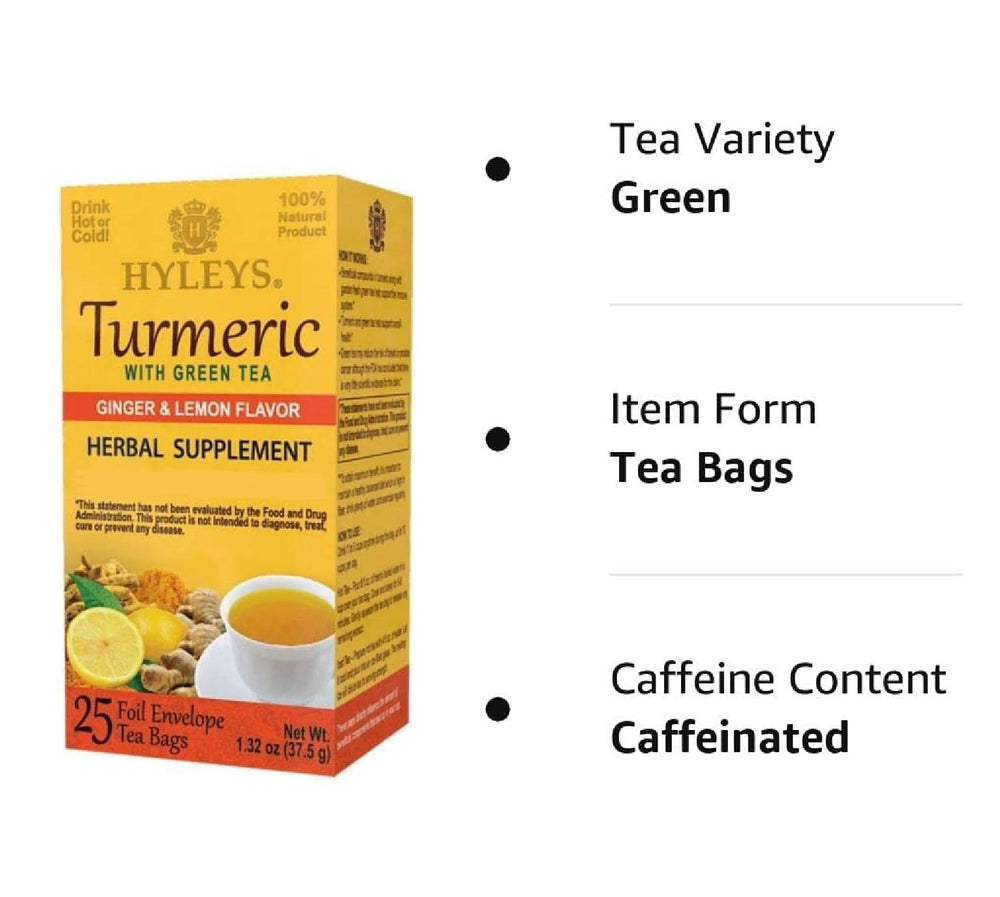 Hyleys green tea turmeric mix showcases vibrant color and aroma.