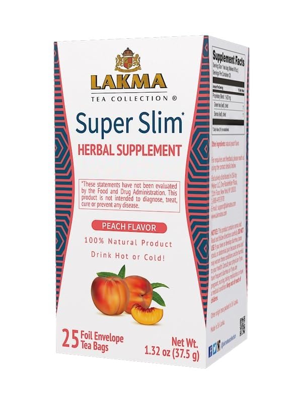HYLEYS Lakma Peach tea packaging shows a 25-bag box for daily weight-management