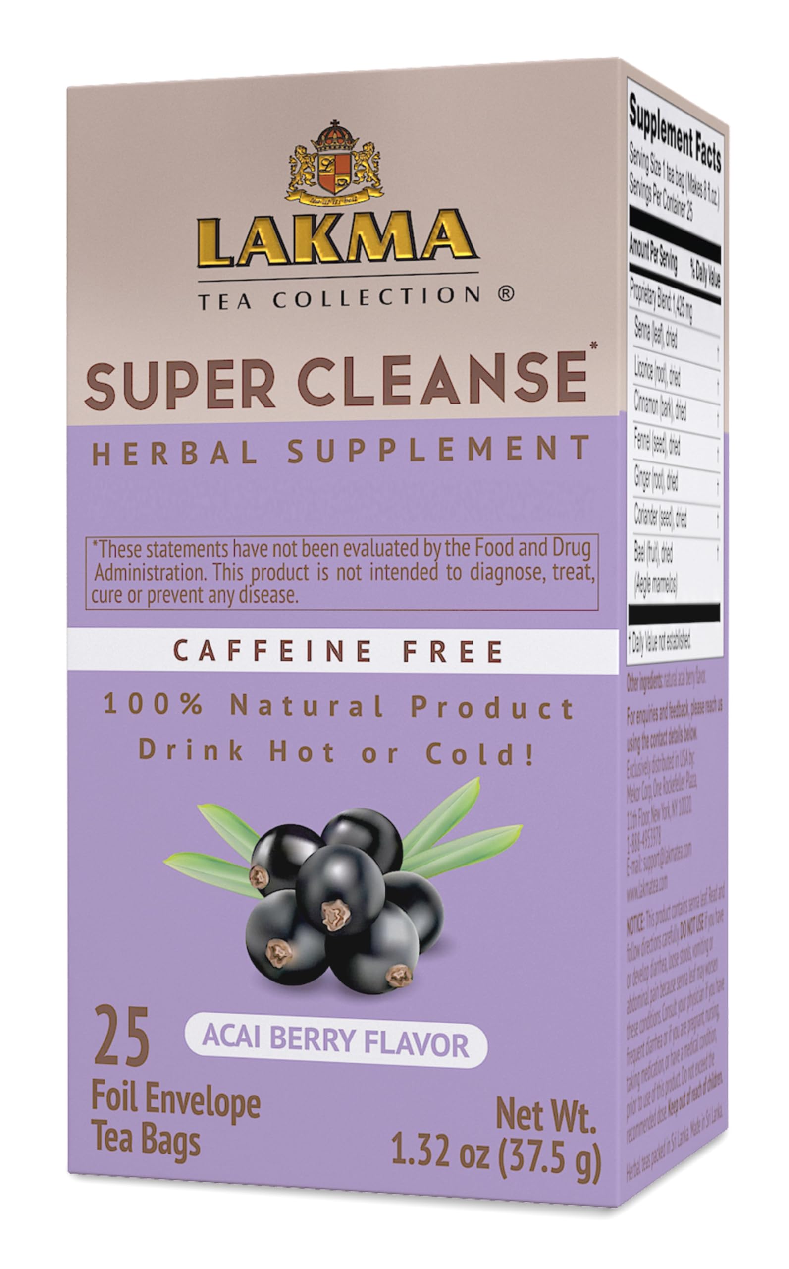 HYLEYS Lakma Super Cleanse Tea packaging with acai berry flavor for a caffeine-free cleanse.
