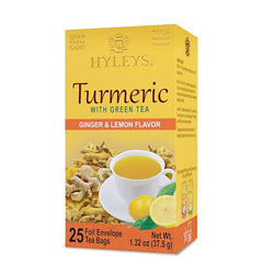 Hyleys natural ingredients highlight turmeric root and green tea leaves.