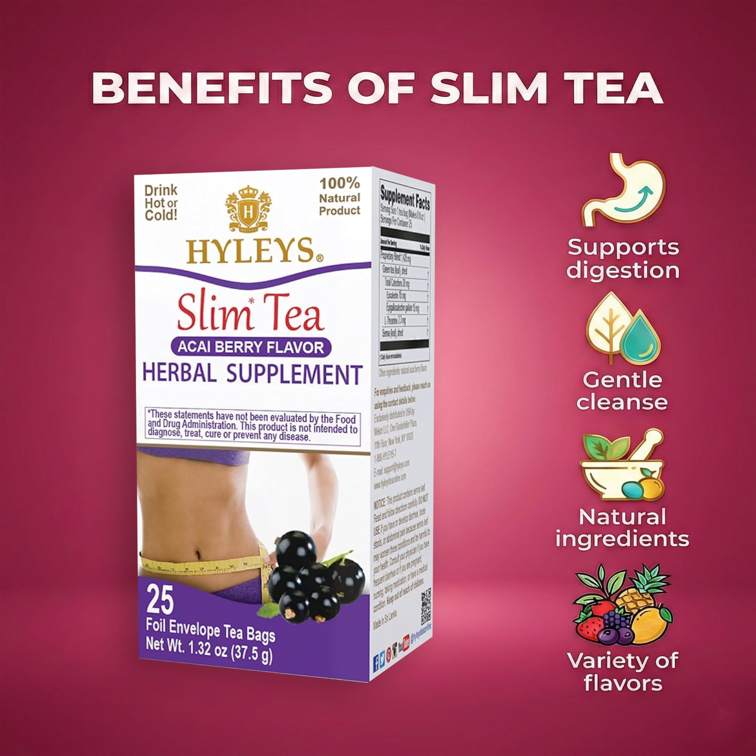 HYLEYS Slim Tea Acai Berry Flavor packaging label, clear ingredient list and quality standards.