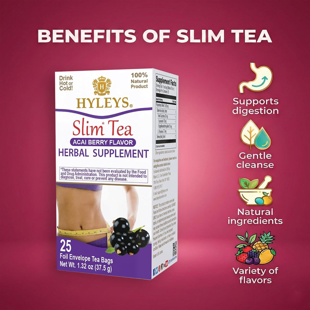 HYLEYS Slim Tea Acai Berry Flavor packaging label, clear ingredient list and quality standards.