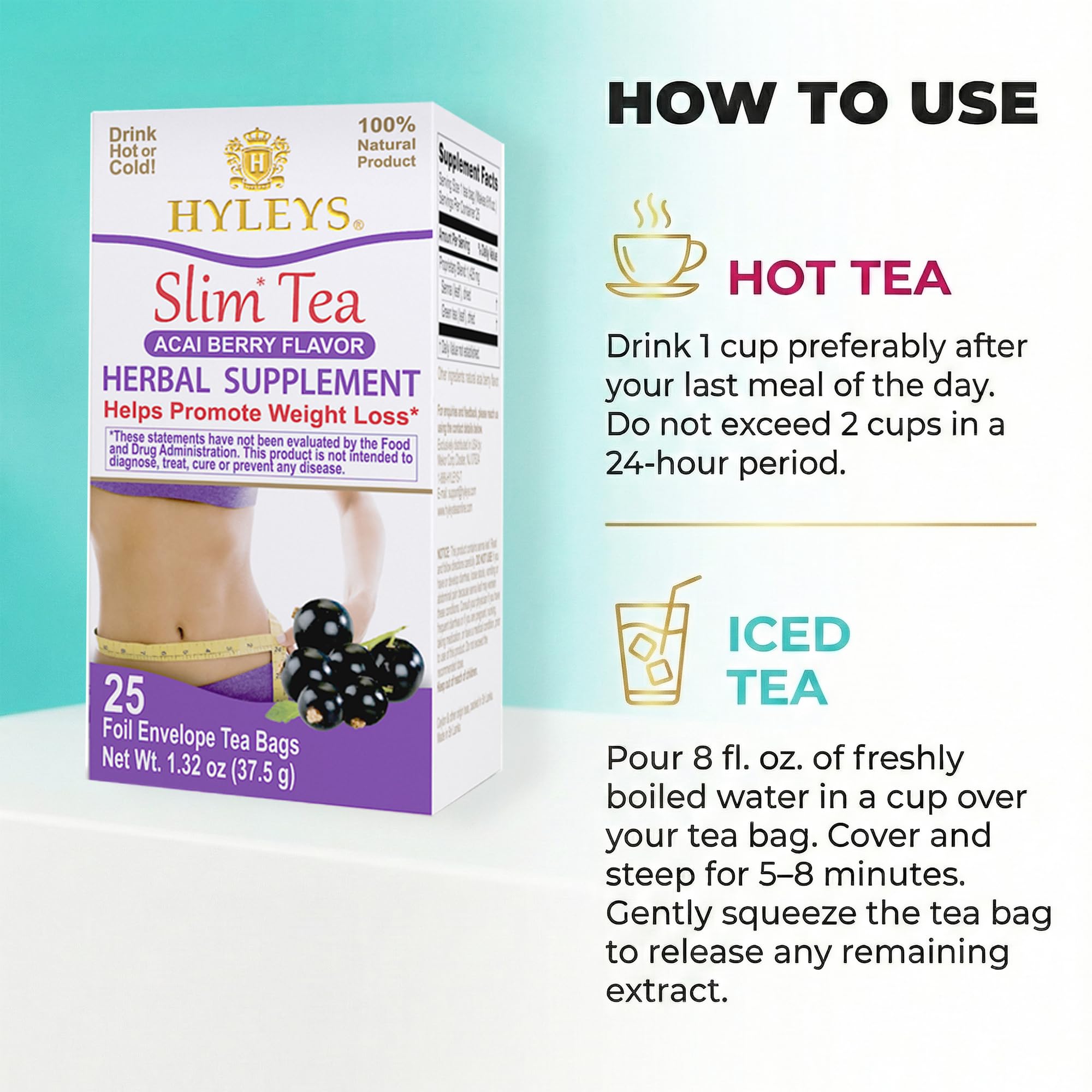 HYLEYS Slim Tea Acai Berry Flavor hot water pour, inviting a soothing ritual.