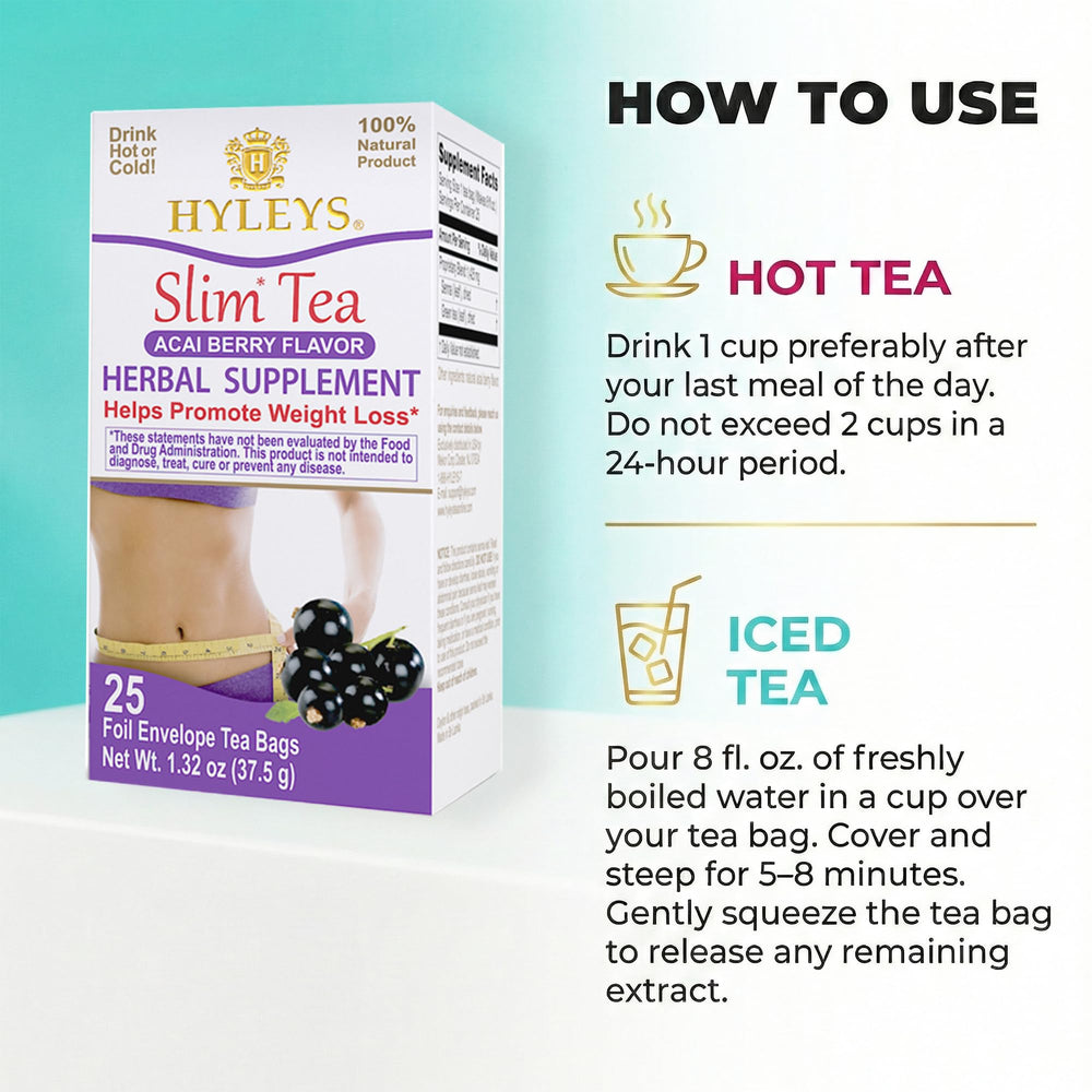 HYLEYS Slim Tea Acai Berry Flavor hot water pour, inviting a soothing ritual.