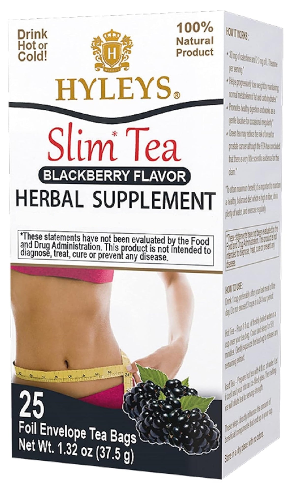 Hyleys Slim Tea blackberry flavor tea bag front view for a convenient nightly cleanse.