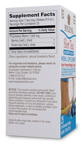 Hyleys Slim Tea Blueberry box back detailing ingredients and directions for nightly use