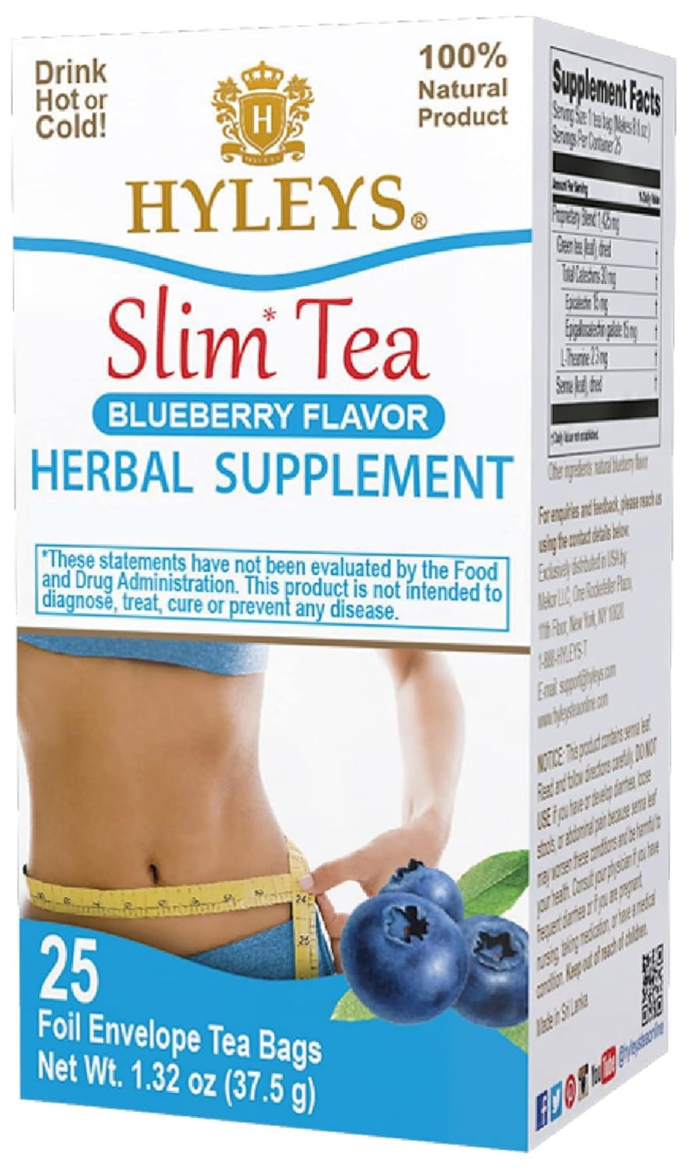 Hyleys Slim Tea Blueberry box front showing branding and flavor for a daily routine