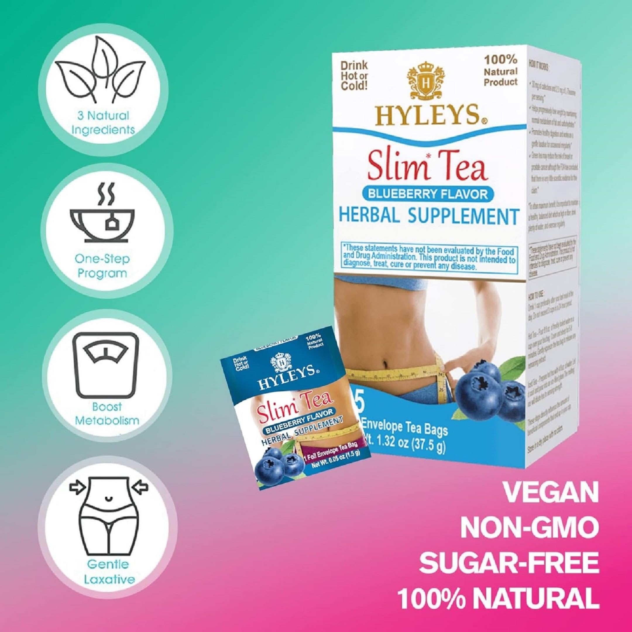Hyleys Slim Tea Blueberry natural flavors label conveying blueberry profile