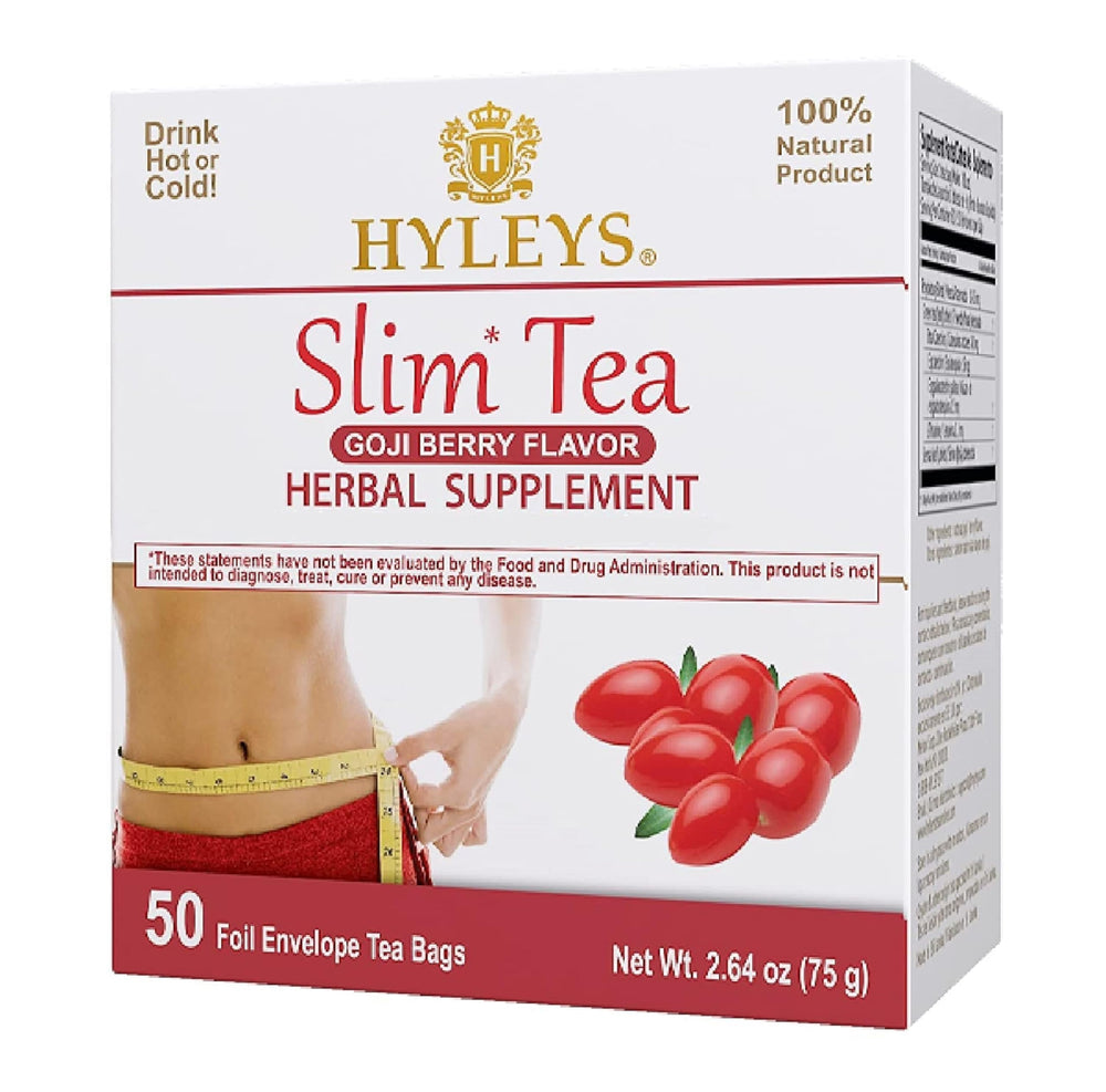Hyleys Slim Tea box front highlights detox-ready blend.