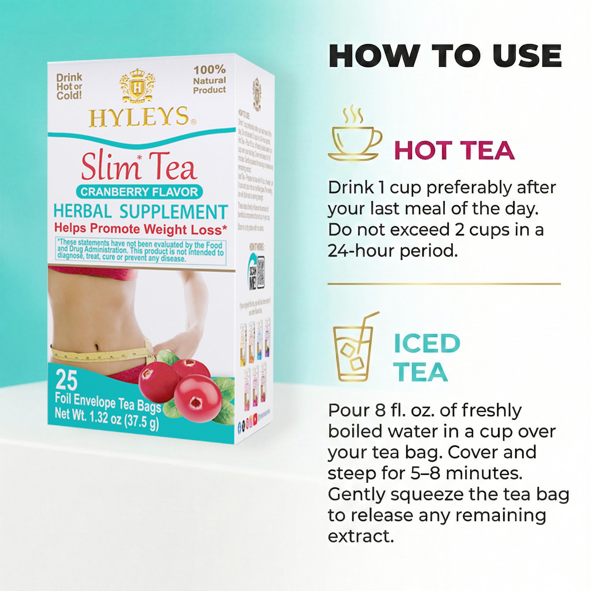 Post-meal relief with Hyleys Slim Tea Cranberry aroma.