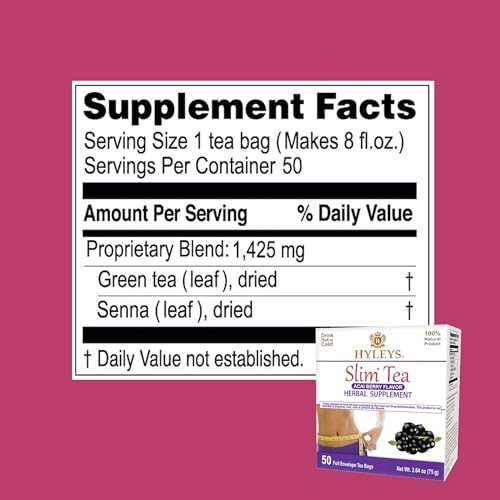 Hyleys Slim Tea ingredient panel highlights natural blend.