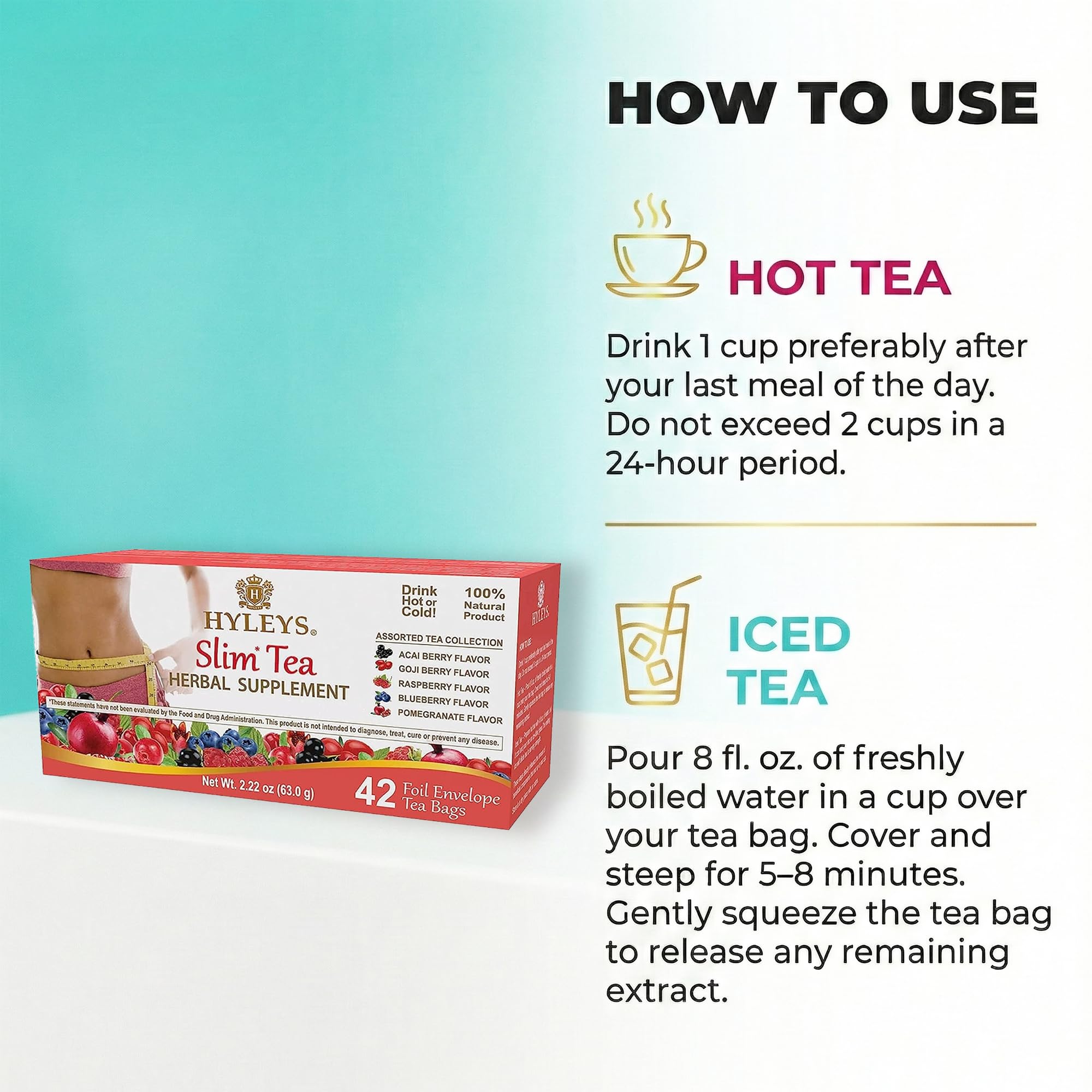 Hyleys Slim Tea digestive routine idea shown with steaming mug.