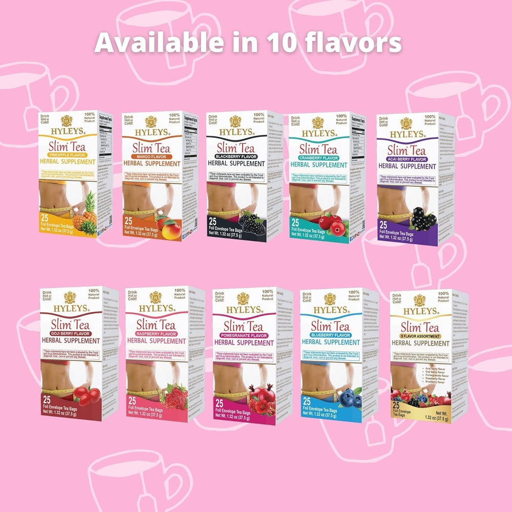 Closeup of Hyleys Slim Tea foil-teabag highlighting natural ingredients.
