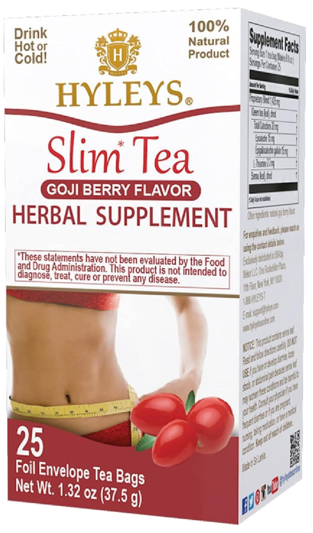 Hyleys Slim Tea Goji Berry box front highlighting natural herbal blend for daily wellness