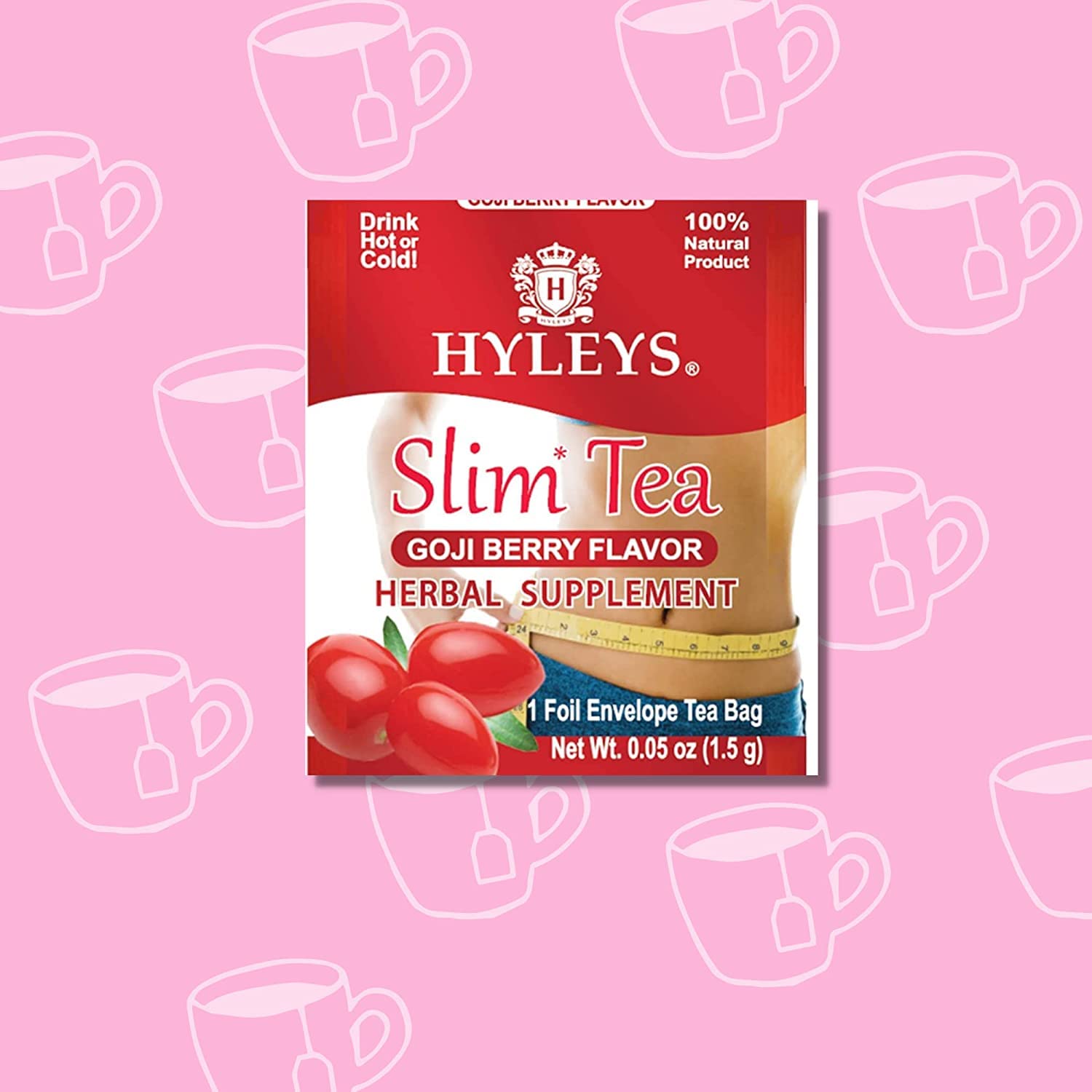 Goji berry closeup in Hyleys Slim Tea emphasizing flavor and blend.