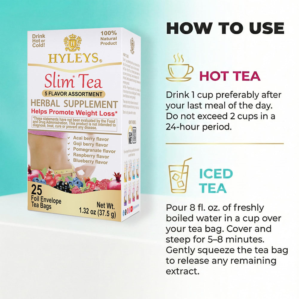 HYLEYS Slim Tea green tea leaves close-up show natural ingredients