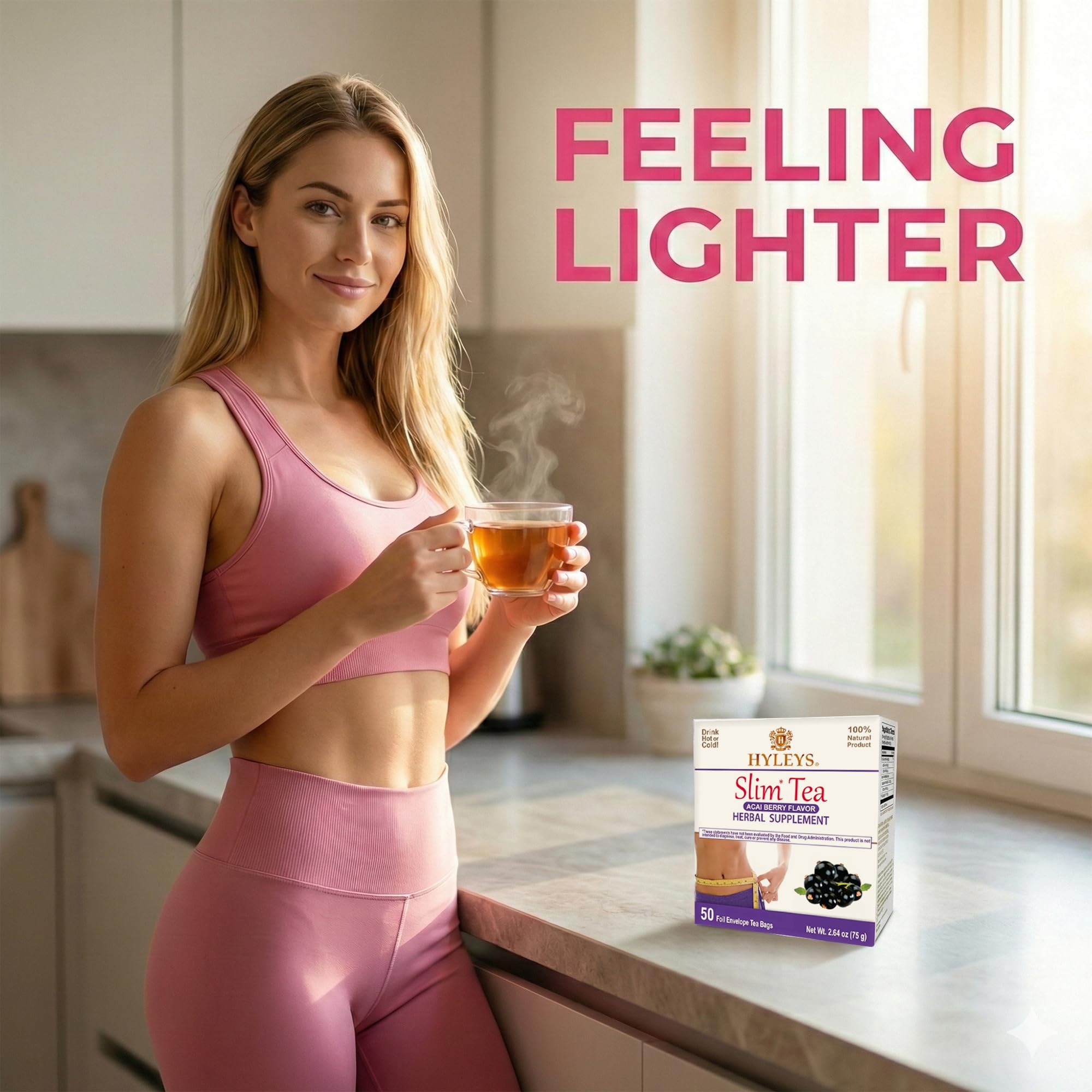 Hyleys Slim Tea daily routine imagery encourages mindful sipping.