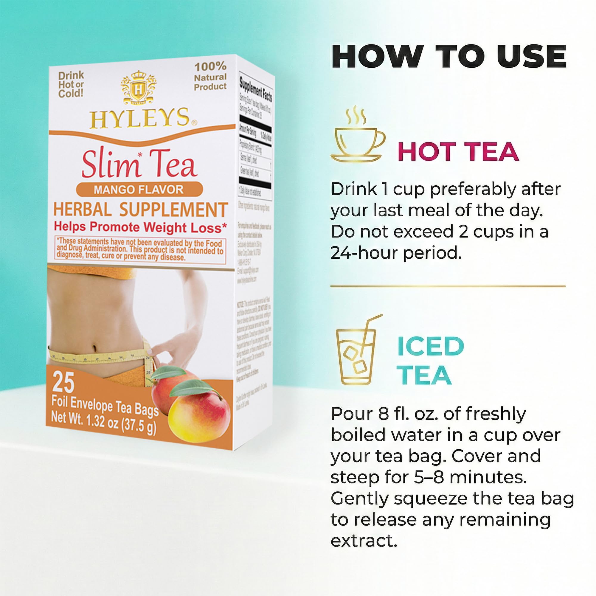 Hyleys Slim Tea Mango Flavor packaging emphasizes freshness for daily routines.