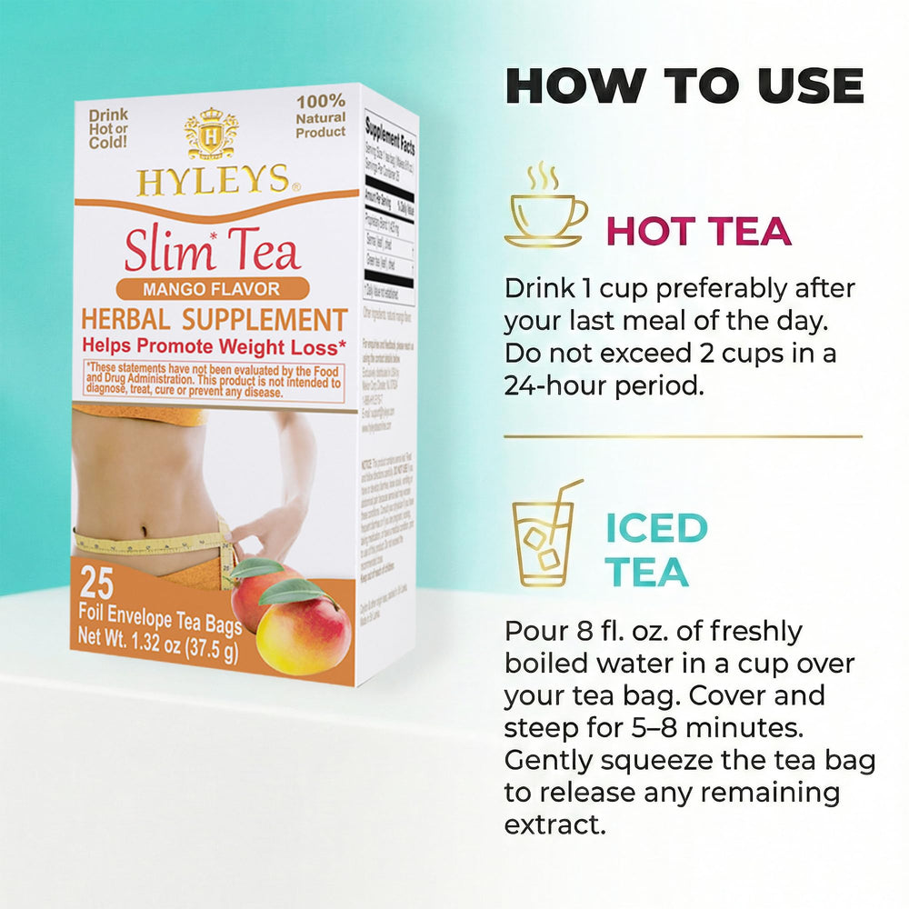 Hyleys Slim Tea Mango Flavor packaging emphasizes freshness for daily routines.
