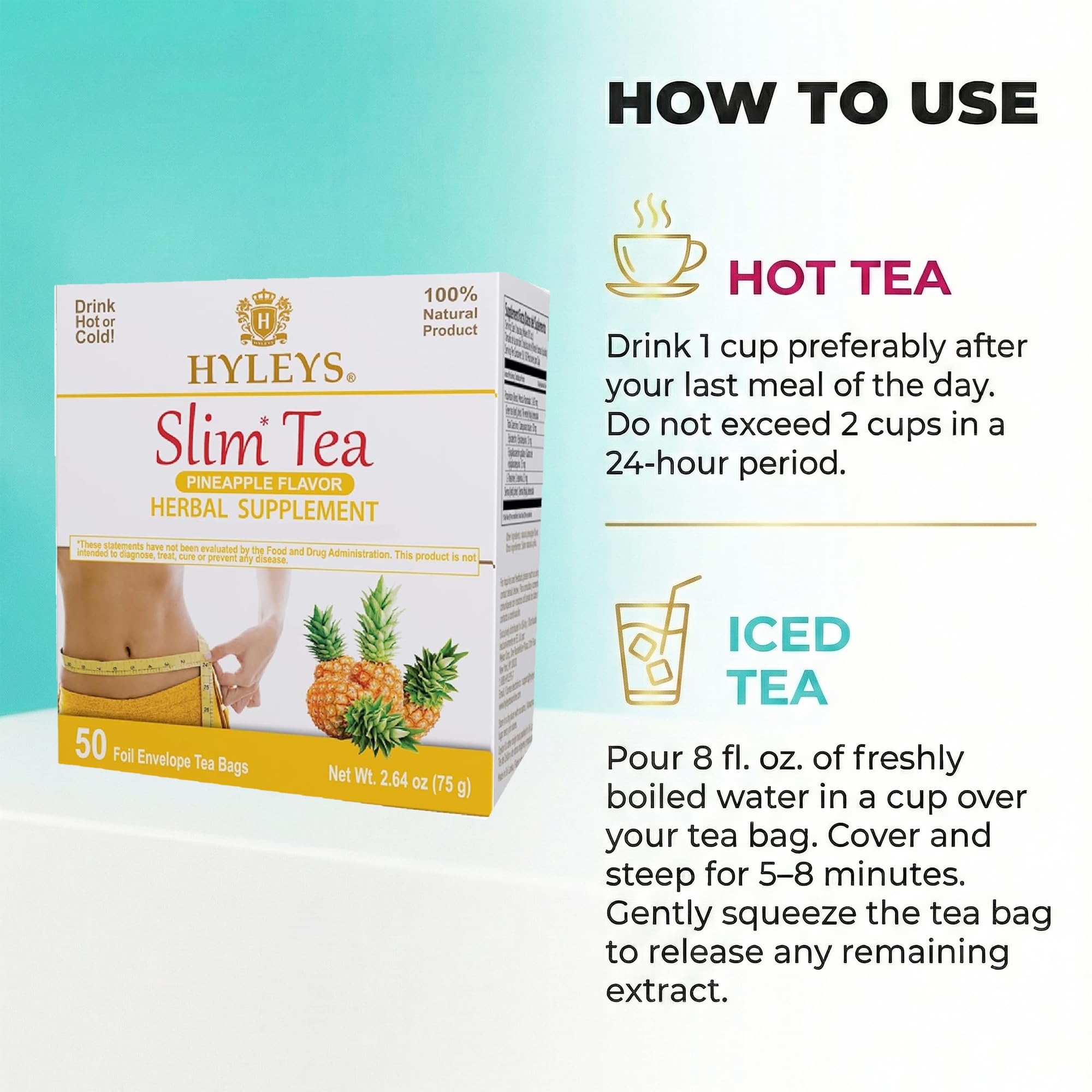 Hyleys Slim Tea natural ingredients blend shown on the label promotes a clean, aromatic cup.