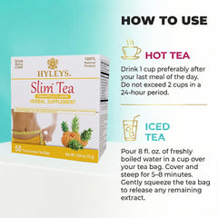 Hyleys Slim Tea natural ingredients blend shown on the label promotes a clean, aromatic cup.