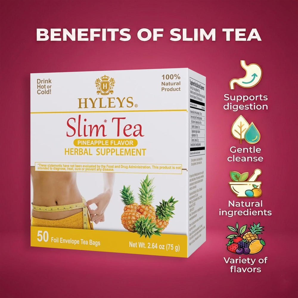 Hyleys Slim Tea packaging box highlights natural ingredients.