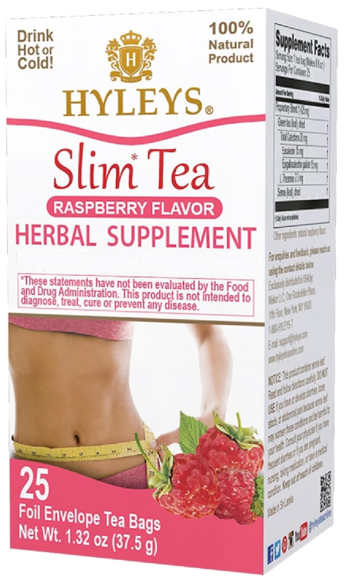 Hyleys Slim Tea Raspberry box with branding, ideal for daily use.