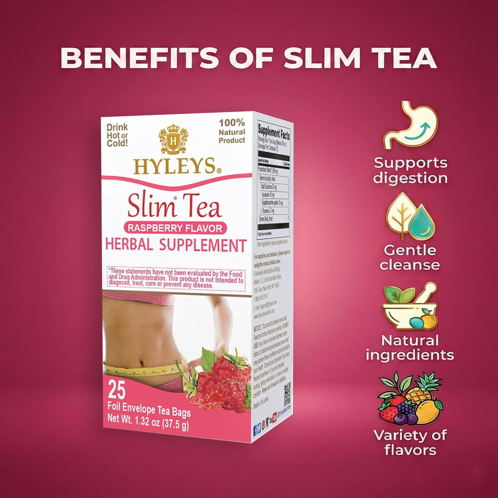 Hyleys Slim Tea Raspberry brewed tea in cup, rich raspberry aroma.