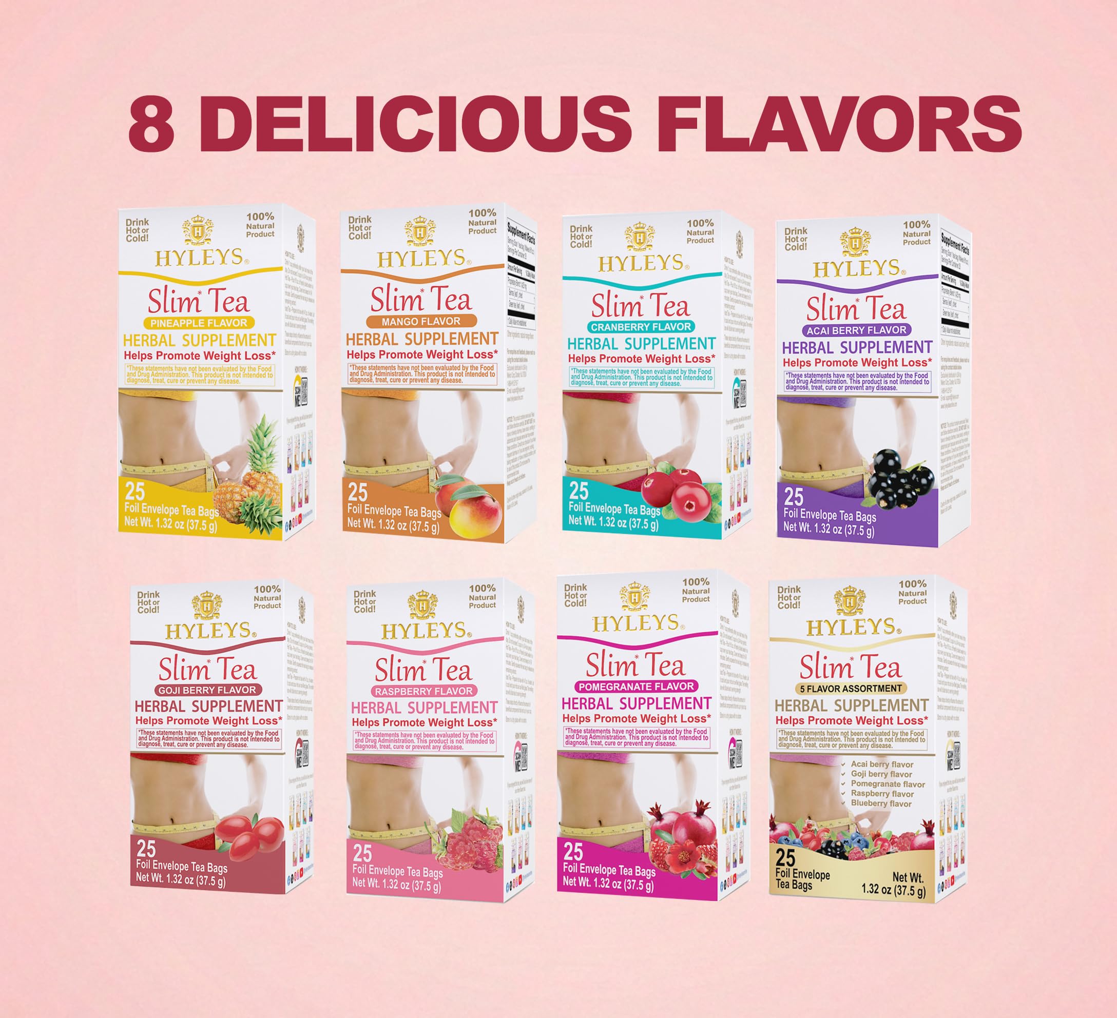 Hyleys Slim Tea Raspberry natural flavor label close-up on packaging.