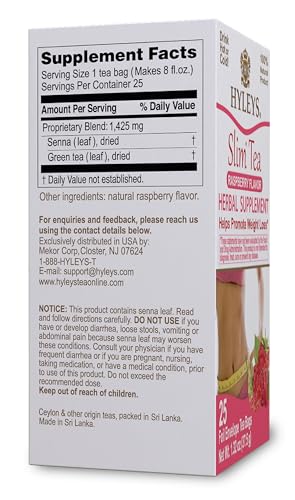Hyleys Slim Tea Raspberry foil teabags, freshness preserved for flavorful brews.