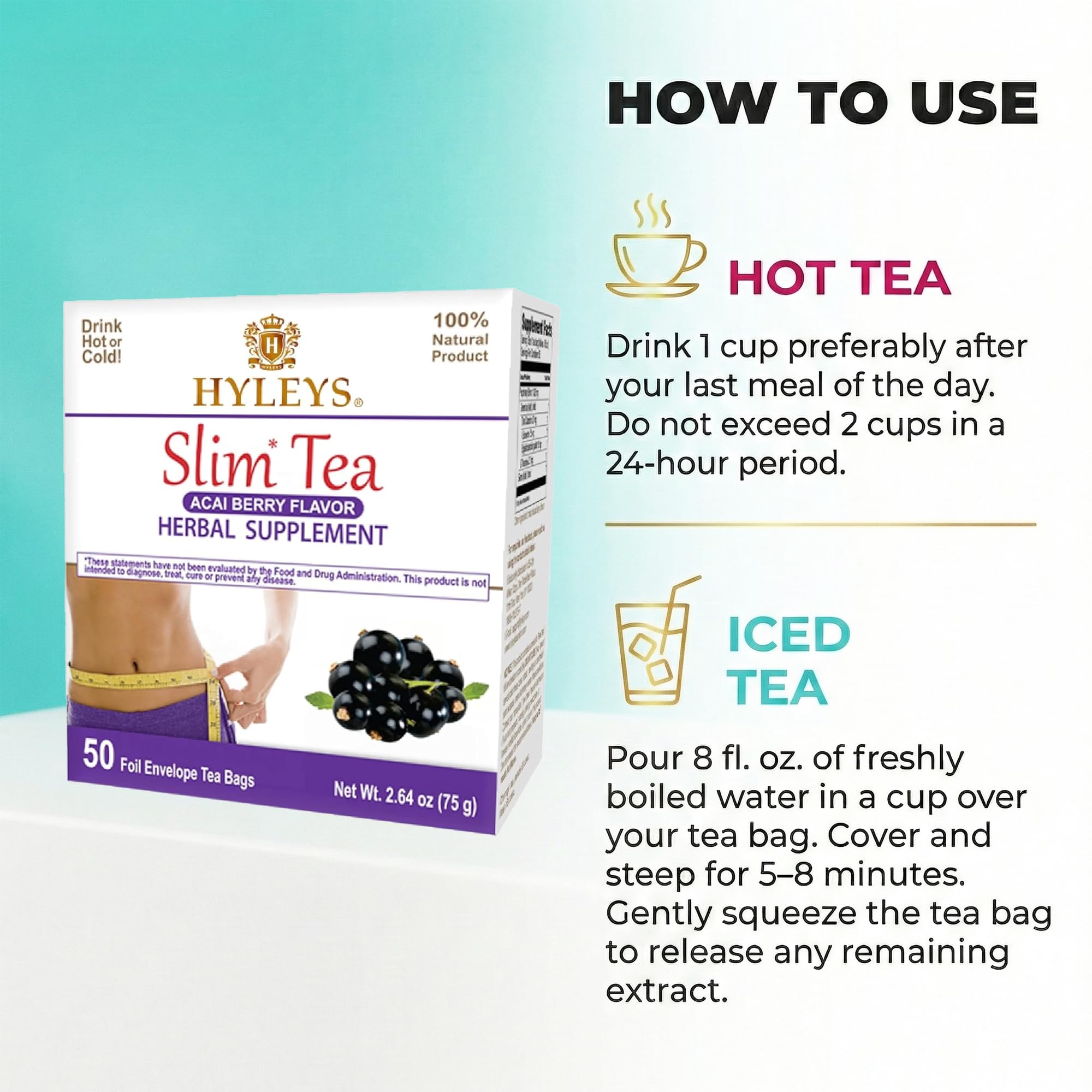 Hyleys Slim Tea senna leaf illustration shows gentle digestion aid.