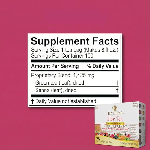 HYLEYS Slim Tea assortment teabags on display for a detox-ready routine.