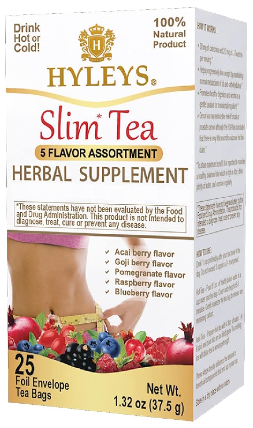 HYLEYS Slim Tea variety pack front shows 25 teabags for easy detox
